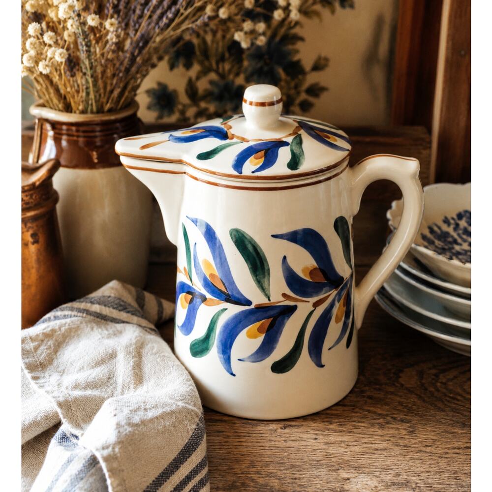 Vintage German Hand Painted Folk Floral Pottery Pitcher With Lid